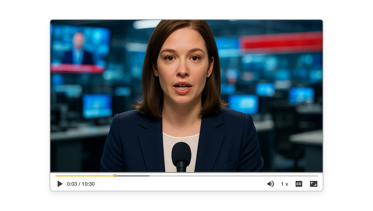 AI-powered breaking news video creator showing a journalist delivering news in a professional studio